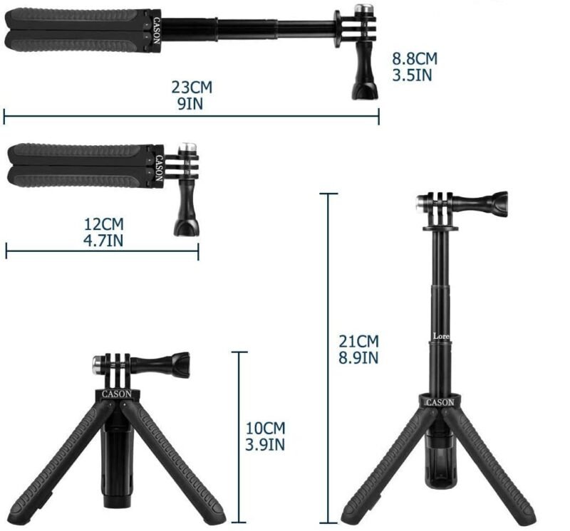 Cason -Tripod Monopod with Mini Selfie Stick & Tripod Kit for Action Camera Cason CN10,CS6, gopro Accessories, Gopro Hero 10/9/8/7/6/5, DJI Osmo Action,SJCAM and All Action Cameras (Black) - Image 4