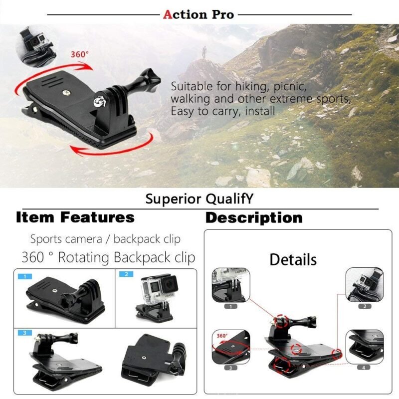 Action Pro Versatile 360° Rotary Backpack Mount Kit, Compatible with GoPro Hero 13/12/11/10/9/8/7/6/5/4/Eken/Yi and Other Action Cameras for Dynamic Adventure Capture - Image 5