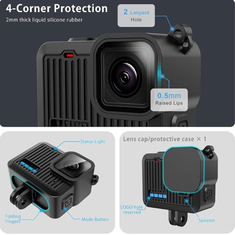 Action Pro Silicone Protective Cover + Lens Cap Compatible with GoPro Hero 4K Tiny Action Camera (Black) - Image 7
