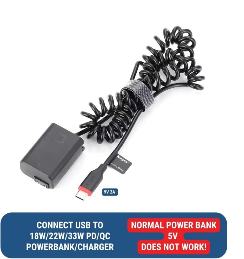 Efillooc NP-FW50 Dummy Battery Compatible with Sony A7 A7R2 A7M2 A6000 A6400 ZV-E10, Type C Input Adapter Spring Cable, Works with PD/QC Powerbanks and Charger, Black (NP-FW50 for Sony) - Image 3