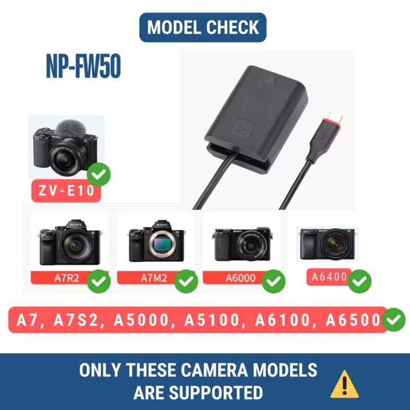 Efillooc NP-FW50 Dummy Battery Compatible with Sony A7 A7R2 A7M2 A6000 A6400 ZV-E10, Type C Input Adapter Spring Cable, Works with PD/QC Powerbanks and Charger, Black (NP-FW50 for Sony) - Image 4