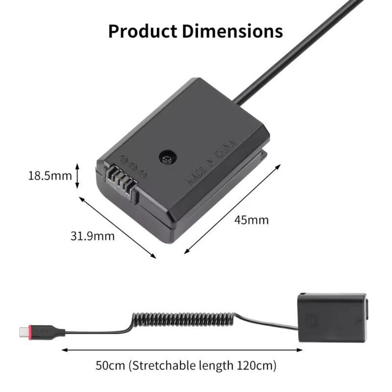 Efillooc NP-FW50 Dummy Battery Compatible with Sony A7 A7R2 A7M2 A6000 A6400 ZV-E10, Type C Input Adapter Spring Cable, Works with PD/QC Powerbanks and Charger, Black (NP-FW50 for Sony) - Image 5