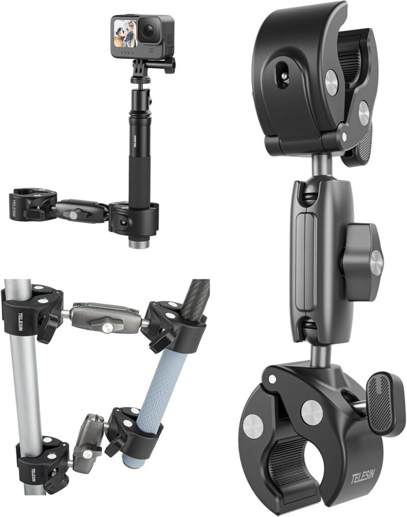TELESIN 360 Dual Ball Clamp Mount, Bike Handlebar Stick Pole Mount Holder Accessories for GoPro 13 12 11 10 9 DJI Action 5 Pro Action 4/3 Osmo Pocket 3 Insta360 X5 X4 Go3 Ace Pro 2 (Metal Dual Ball) - Image 2