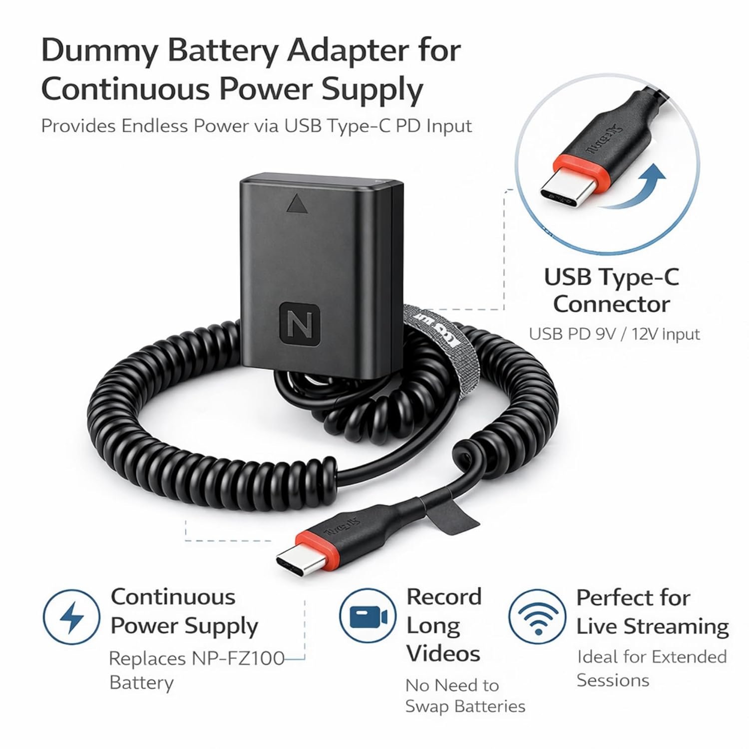 NP-FZ100 Dummy Battery with Sort-C DC Coupler for Sony Mirrorless Cameras | Steady Energy Provide for Video Recording, Stay Streaming & Studio Use - Image 3