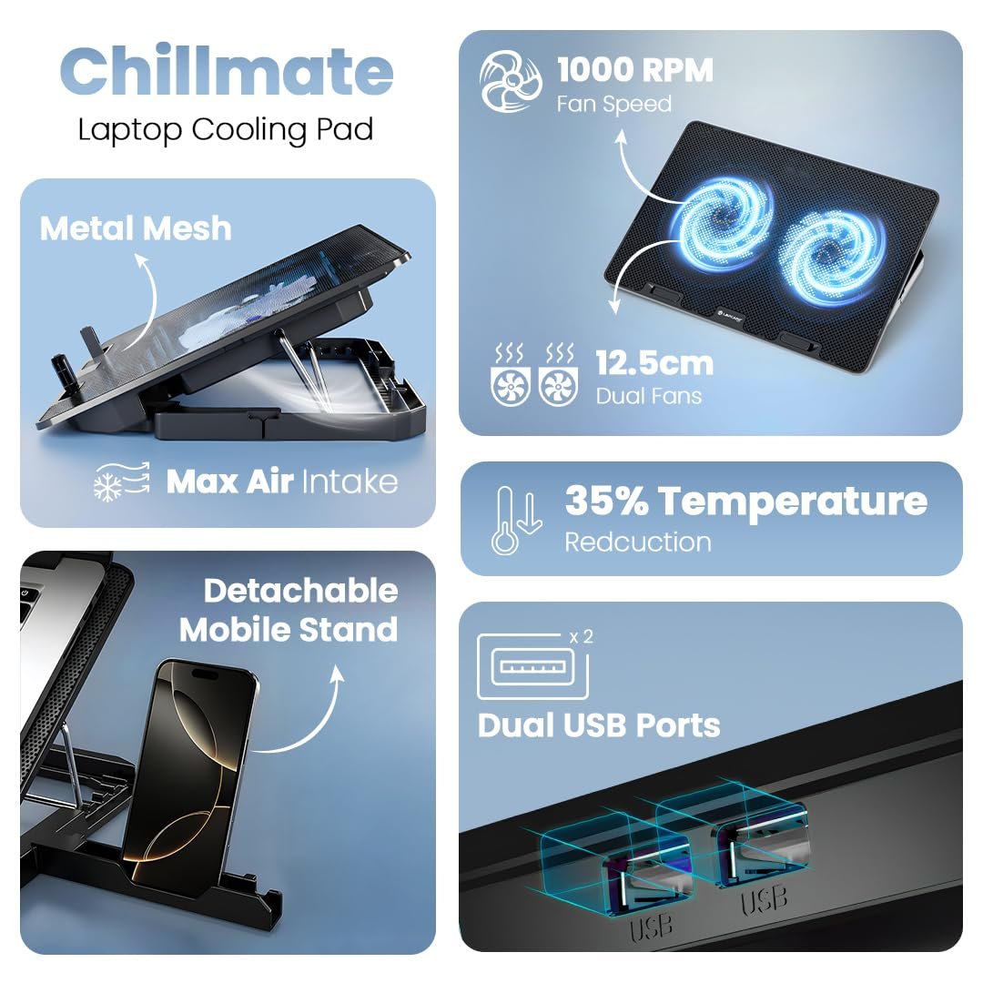 Purchase Lapcare Chillmate Highly effective Laptop computer Cooler Pad with Twin 125mm Followers, Silent Operation Noiseless Fan, Twin USB Ports, 5 Step Retractable Stand and Detachable Cell Holder - Greatest Worth India | AskMeFlash - Image 8