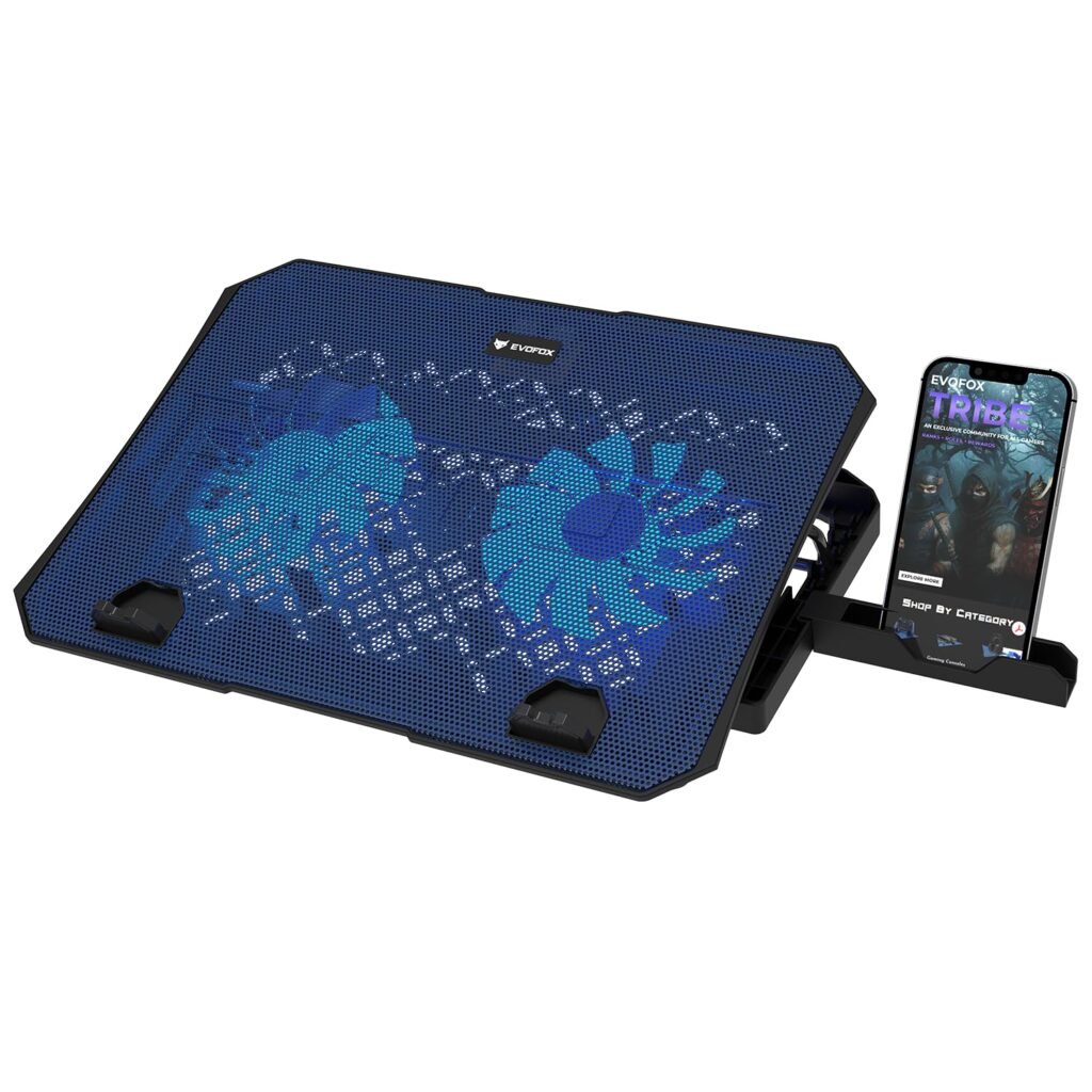 Purchase EvoFox Frost Laptop computer Cooling Pad with Telephone Stand, 1000 RPM 2X Silent Followers, 5 Adjustable Angles, LED Lights, Sturdy Metallic Mesh Floor, Ergonomic Stand for Laptops as much as 15.6 inches (Blue) – Finest Value India | AskMeFlash