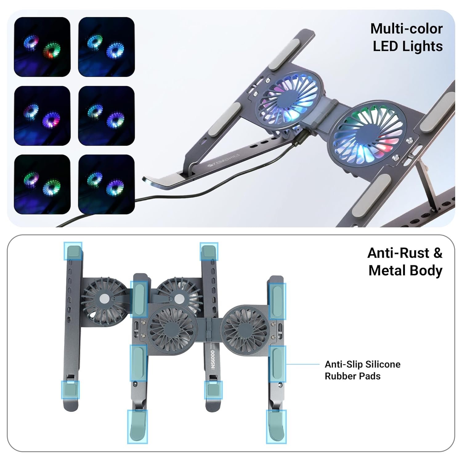 Purchase ZEBRONICS Laptop computer Stand with Followers, As much as 17 inch Laptop computer, 2X RGB Followers + Pace Controller, 58CFM Airflow, 7 Degree Adjustable, Foldable, Kind-C Port, Anti-Slip Silicone Pad, Anti-Rust (NS6000) - Greatest Value India | AskMeFlash - Image 7