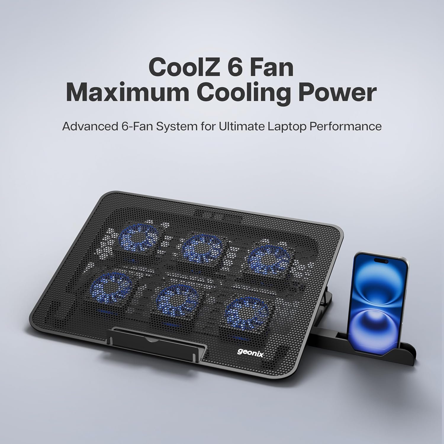 Purchase Geonix CoolZ 6 Fan Laptop computer Cooling Pad | Highly effective coooling | Common Help as much as 17-Inch|Helps as much as 5kg | 6 Adjustable Heights As much as 134mm| Cellular Telephone Stand (Black & Blue) - Greatest Value India | AskMeFlash - Image 3