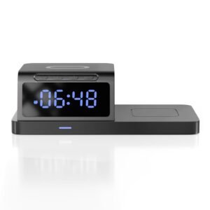 Lifelong 10W Wireless Charger with LED Alarm Clock – 2-in-1 Charging Dock for Qi Phones & Earbuds (Black)