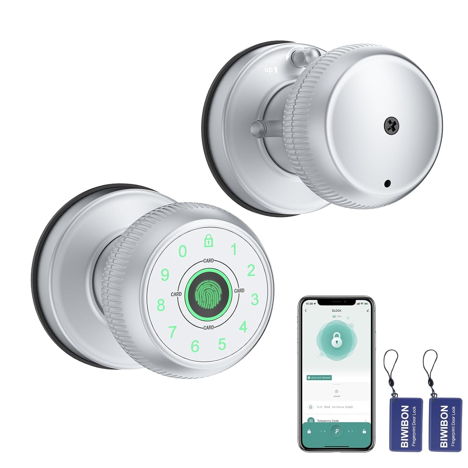 Purchase BIWIBON 5-in-1 Sensible Door Knob, Fingerprint Door Knob with App Management, Sensible Fingerprint Door Lock,Auto Lock, Perfect for Dwelling, Bed room, Workplace, Chrome - Finest Value India | AskMeFlash