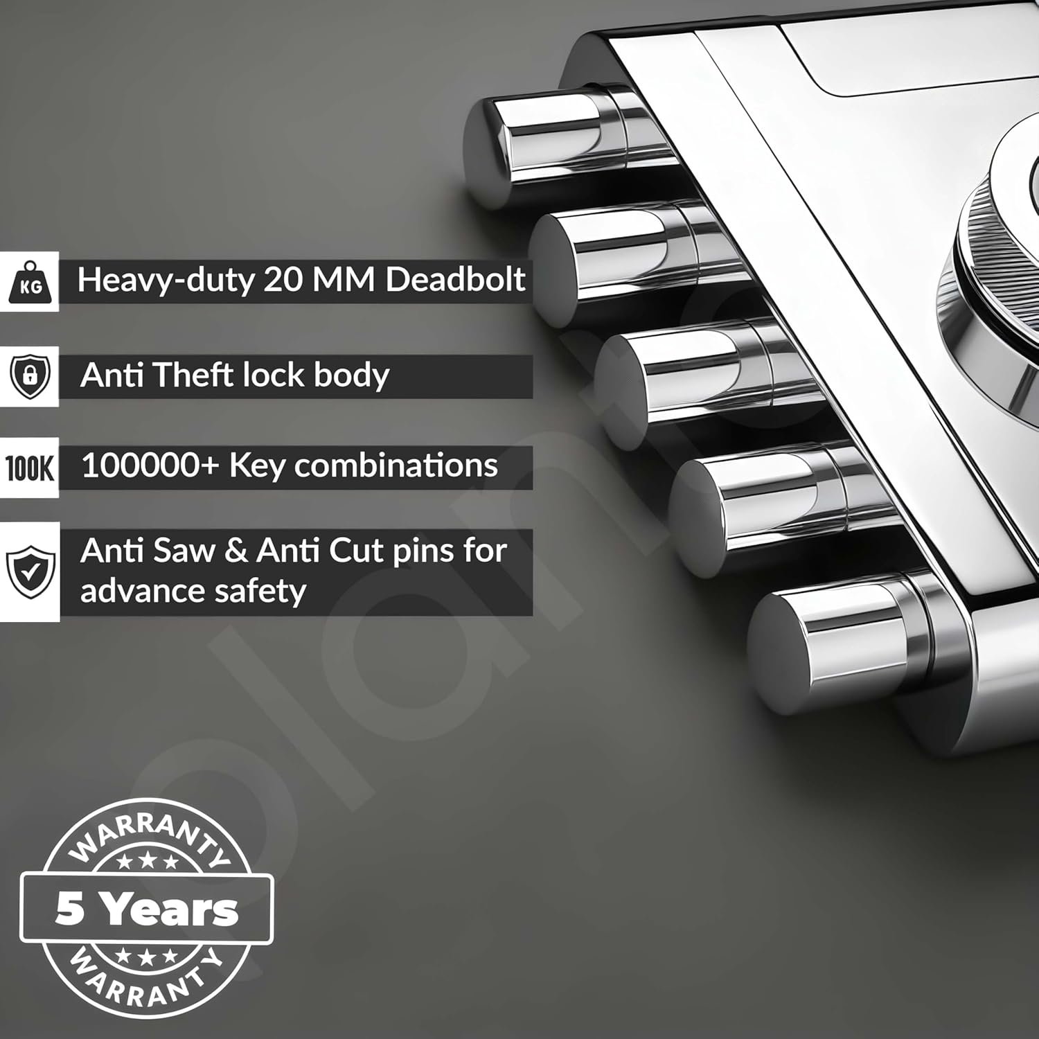 Purchase Plantex Foremost Door Deadbolt Lock 5 Bullets/Stainless Metal Penta Bolt/Door Lock Set with 4 Pin Cylindrical Keys with 5 Years of Guarantee (Matt) - Finest Worth India | AskMeFlash - Image 2