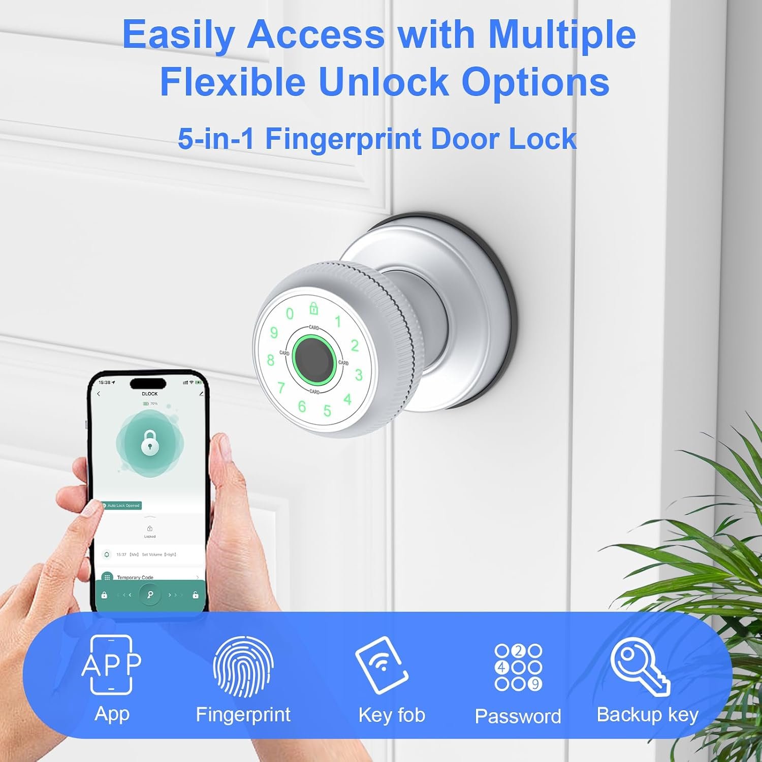 Purchase BIWIBON 5-in-1 Sensible Door Knob, Fingerprint Door Knob with App Management, Sensible Fingerprint Door Lock,Auto Lock, Perfect for Dwelling, Bed room, Workplace, Chrome - Finest Value India | AskMeFlash - Image 2