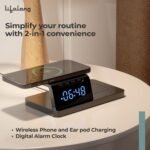 Lifelong 10W Wireless Charger with LED Alarm Clock – 2-in-1 Charging Dock for Qi Phones & Earbuds (Black) - Image 2