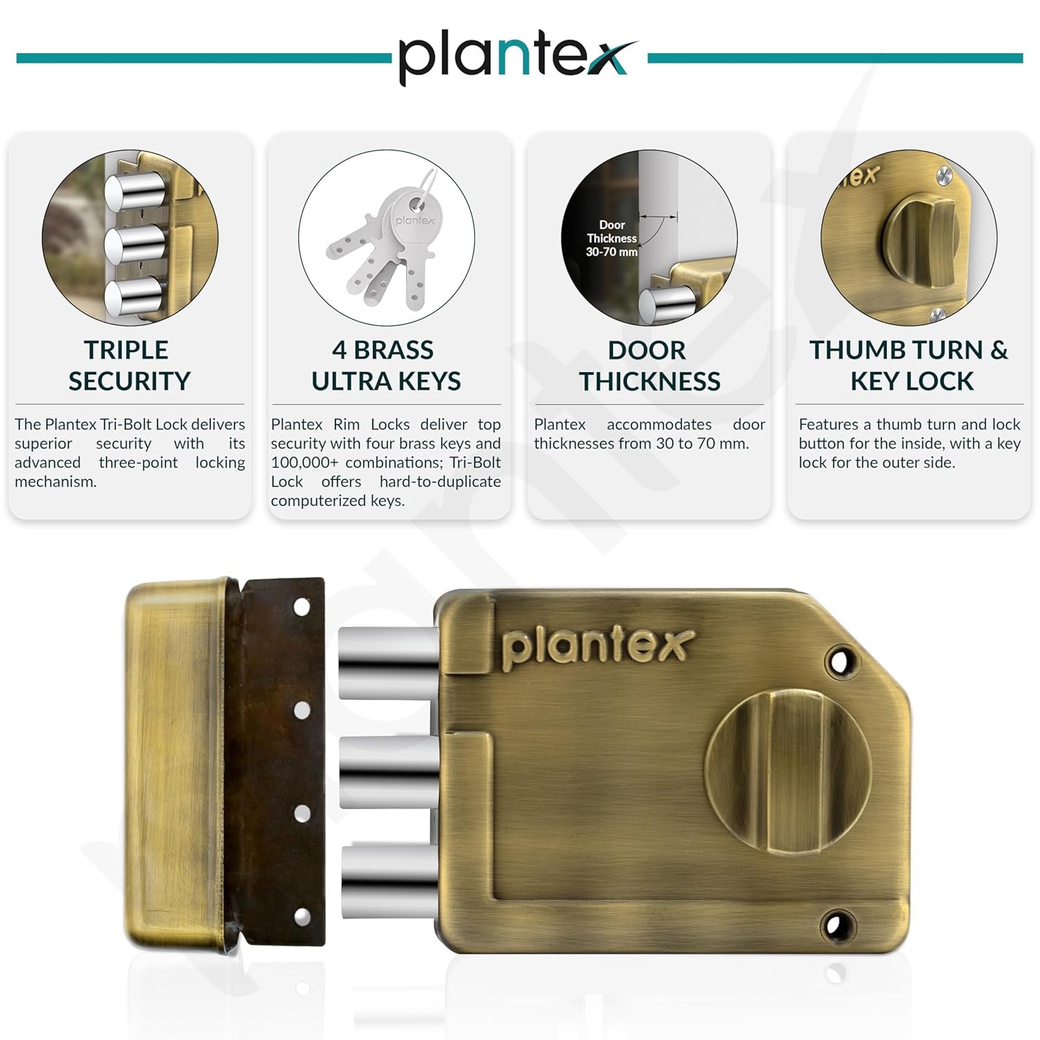 Purchase Plantex Tri-Bolt Lock for Important Door/Heavy Obligation Door Lock with 4 Keys/Appropriate on Single Door for House/Workplace/Resort - Pack of 1 (Brass Vintage) - Greatest Value India | AskMeFlash - Image 3