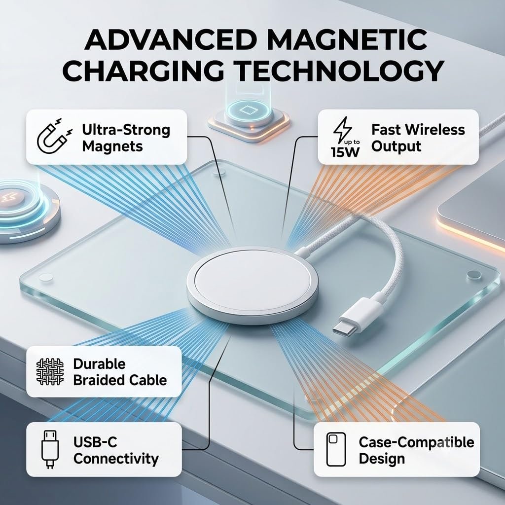 Purchase Elevea 𝟓 𝐘𝐞𝐚𝐫𝐬 𝐖𝐚𝐫𝐫𝐚𝐧𝐭𝐲 Magnetic Wi-fi Charger 15W Quick Wi-fi Charging Pad with Sturdy Braided Kind C Cable Moveable Snap Charging Disc for MagSafe Appropriate Telephones White - Greatest Worth India | AskMeFlash - Image 2