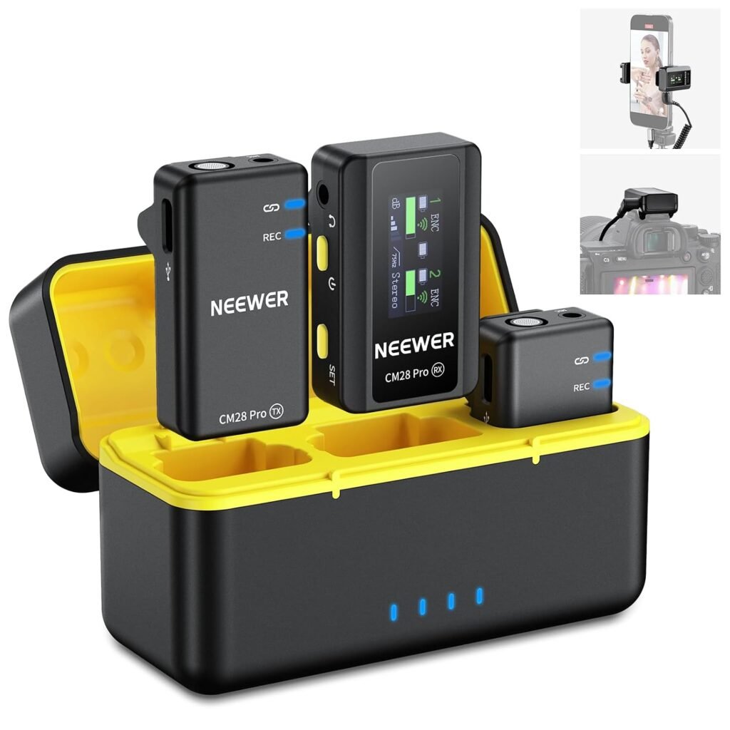 Purchase Neewer CM28 PRO Wi-fi Lavalier Lapel Microphone System with Charging Case 48KHz 16 Bit Uncompressed Audio Noise Canceling 4GB Storage 9Hrs Recording Suitable with iPhone iPad Android Digicam PC – Finest Worth India | AskMeFlash