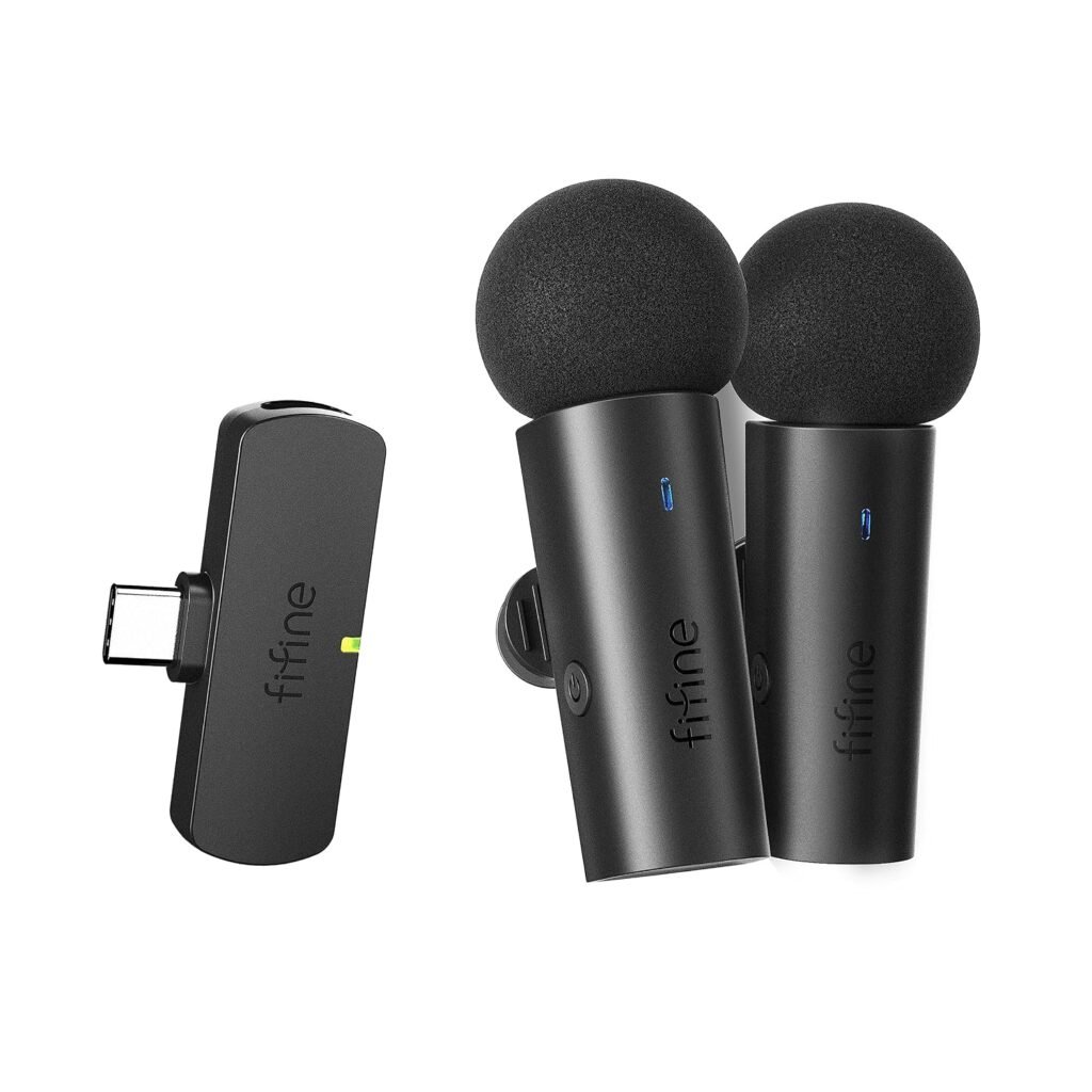 Purchase FIFINE Wi-fi Lavalier System with 2 Microphones, Recording Lapel Mic Clear Sound for YouTube Video Interview Vlog, Twin Mini Mic with Sort C Receiver for Android Cellphone Laptop computer-M8 – Greatest Value India | AskMeFlash
