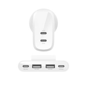 Belkin 60W Dual-Port USB-C PPS Fast Wall Charger with 4-Port Power Extender (2 USB-C + 2 USB-A, 2m Cable, White)