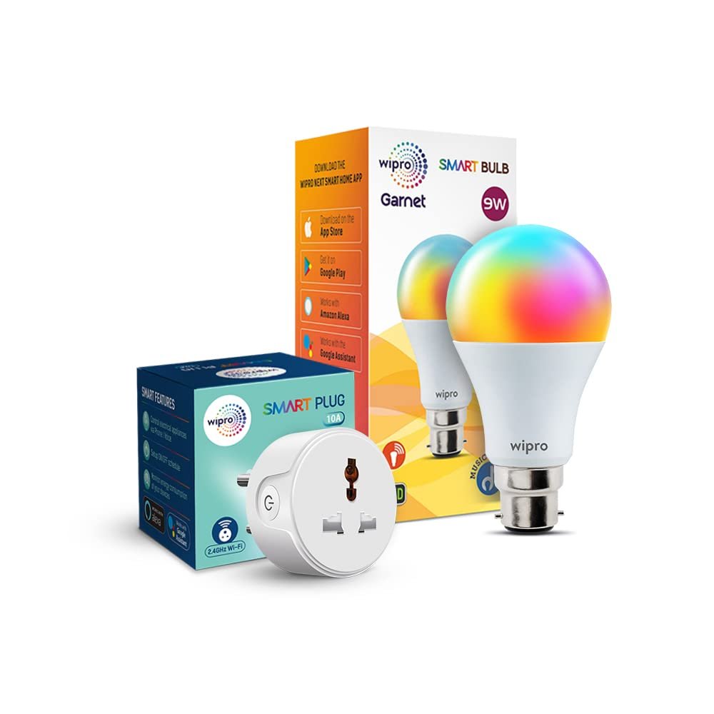 Wipro Smart Home Combo – 10A Smart Plug & 9W Wi-Fi Smart LED Bulb (B22) with Music Sync, Alexa & Google Assistant
