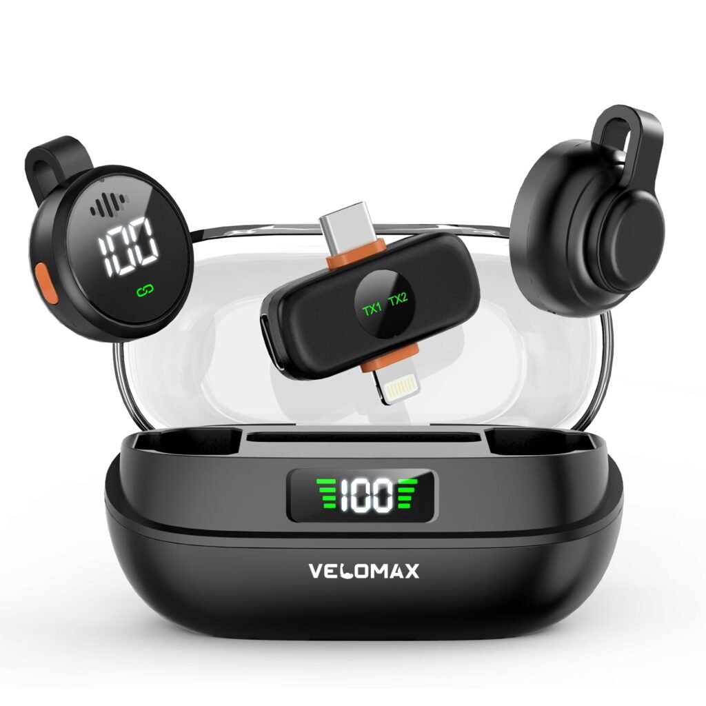 Purchase VELOMAX Wi-fi Mic for YouTube with AI Noise Cancellation, 2-in-1 Wi-fi Microphone for iPhone/Android, Twin Clip-On Magnetic Mic, 100FT Vary, Lightning & Kind-C Receiver for Vlog & Streaming – Greatest Value India | AskMeFlash