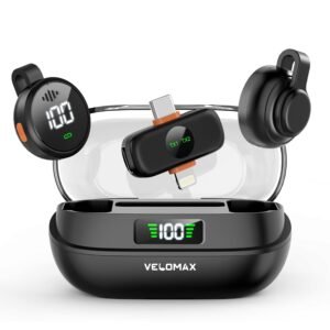 VELOMAX Wireless Mic for YouTube – 2-in-1 Dual Clip-On Magnetic Lavalier with ENC Noise Reduction, 100ft Range, Lightning & USB-C Receiver