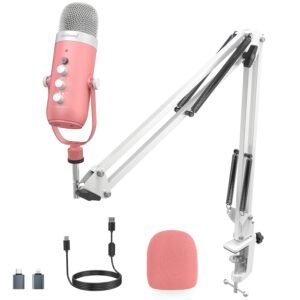Zealsound K66S USB Condenser Microphone with Boom Arm – Mute, Echo & Gain Control, Headphone Monitoring (Pink)