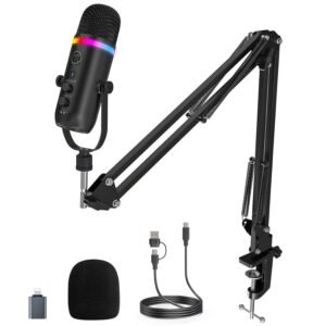 Zealsound K66 PROS USB Condenser Microphone – RGB Lights, Mute, Noise Reduction, Zero-Latency Monitoring, Boom Arm & Pop Filter