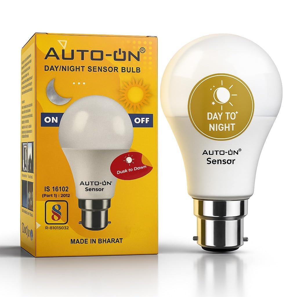 Auto-ON Day/Night Sensor 9W B22 LED Bulb – Cool White, Dusk-to-Dawn Auto Switch with Surge Protector