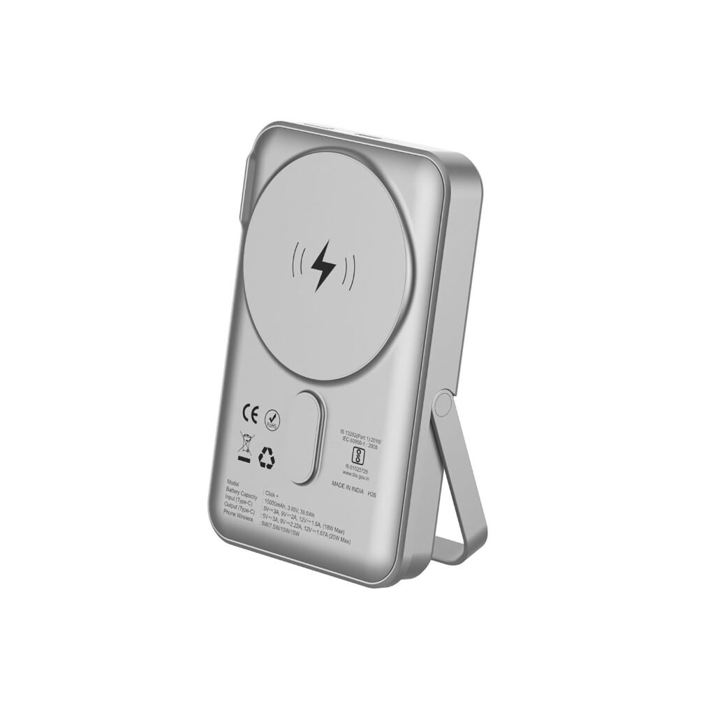 Stuffcool Click+ 10000mAh Magnetic Wireless Power Bank – 15W Wireless, 20W PD, Built-in Stand, BIS Certified (Silver)
