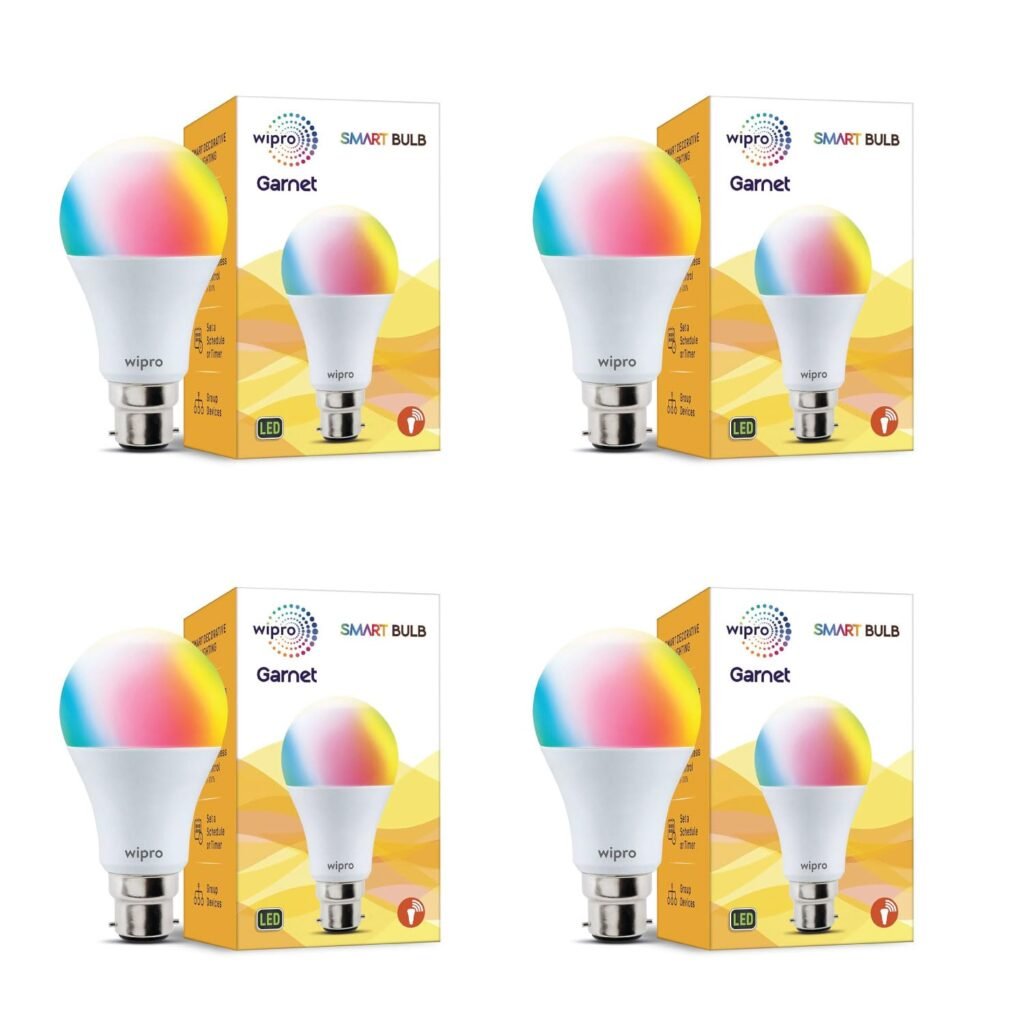 Wipro NS9200 9W B22D Wi-Fi Smart LED Bulb – 16M Colours, Music Sync, Works with Alexa & Google Assistant (Pack of 4)