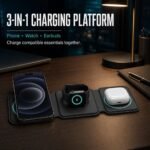 Purchase FASHINA 3 in 1 Wi-fi Charging Station – Foldable Magnetic Quick Charger Pad Suitable with iPhone, Watch & Earbuds | Moveable Journey Charging Dock Stand, 15W Wi-fi Charger (Black) - Greatest Worth India | AskMeFlash - Image 2