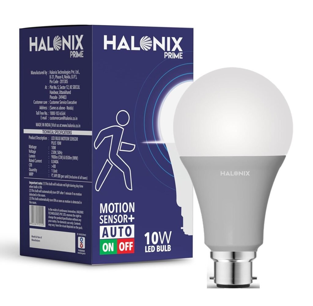 Halonix Radar 10W Motion Sensor LED Bulb – B22D, 6500K Cool White, Auto On/Off, Pack of 1