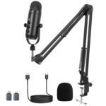 zealsound K66S USB Podcast Microphone with Boom Arm – Noise Reduction, Mute Button & Zero-Latency Monitoring for PC, iPhone & Android
